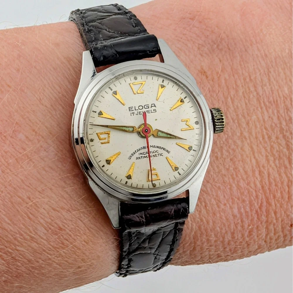 Vintage 1950s Eloga 17 Jewel Swiss Manual Wind Watch Incabloc Antimagnetic Lume